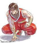  armor brown_hair clenched_hand diepod final_fight gai_(final_fight) hand_wraps japanese_armor kote male_focus muscle ninja shoes sleeveless sneakers solo squatting 