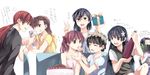  black_hair bottle brown_hair cake casual couch fan fighting folding_fan food gift glasses head_wreath kongou_mitsuko konori_mii long_hair misaka_mikoto multiple_girls musujime_awaki red_hair saten_ruiko shirai_kuroko short_hair to_aru_kagaku_no_railgun to_aru_majutsu_no_index twintails uiharu_kazari usamin_(artist) 