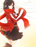  black_hair cable fringe_trim hair_ornament hairclip headphones highres jacket k623 kagerou_project long_hair oversized_clothes red_eyes red_scarf scarf school_uniform sleeves_past_wrists solo tateyama_ayano track_jacket 