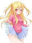  bad_id bad_pixiv_id blonde_hair blue_skirt blush breasts frilled_skirt frills highres long_hair medium_breasts original pink_sweater red_eyes ribbed_sweater shiratama_azuki skirt skirt_lift solo sweatdrop sweater two_side_up 