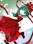  :d bow dress frilled_dress frilled_ribbon frills front_ponytail green_eyes green_hair hair_bow hair_ribbon kagiyama_hina open_mouth ribbon ruu_(tksymkw) smile touhou 