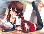  ;d barefoot braid breasts brown_hair dragonmaterial dutch_angle error gloves green_eyes impossible_clothes impossible_shirt kantai_collection large_breasts long_hair lying noshiro_(kantai_collection) on_stomach one_eye_closed open_mouth shirt single_thighhigh smile solo thighhighs wrong_feet 