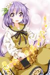  :d beamed_eighth_notes beamed_sixteenth_notes biwa_lute dress eighth_note frilled_sleeves frills instrument lavender_hair long_sleeves lute_(instrument) music musical_note open_mouth playing_instrument purple_eyes quarter_note ruu_(tksymkw) sharp_sign short_hair smile staff_(music) touhou treble_clef tsukumo_benben 