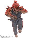  barefoot beads dark_skin dark_skinned_male diepod dougi fighting_stance glowing glowing_eyes gouki jumping male_focus muscle prayer_beads red_eyes red_hair solo street_fighter topknot watermark web_address 