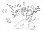  1girl arm_cannon bangs capcom company_connection cosplay crossover fang felicia greyscale monochrome pocket_fighter robert_j_case rockman rockman_(character) rockman_(character)_(cosplay) rockman_(classic) sketch solo vampire_(game) weapon 