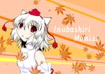  animal_ears autumn_leaves bare_shoulders blush character_name detached_sleeves hat inubashiri_momiji kunreishiki leaf leaf_background looking_at_viewer open_mouth pom_pom_(clothes) red_eyes short_hair silver_hair solo tokin_hat touhou wolf_ears 