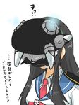  black_hair cape chibi commentary_request face_hug flower_(symbol) goma_(gomasamune) hat hug kantai_collection long_hair necktie ooyodo_(kantai_collection) shinkaisei-kan silver_hair simple_background translated white_background wo-class_aircraft_carrier 