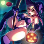 1girl :d blonde_hair breasts broom brown_eyes cameltoe choker flying fortune_quest full_moon gloves halloween hat jack-o'-lantern kanisaka large_breasts long_hair looking_at_viewer moon navel night open_mouth ponytail smile solo witch witch_hat 