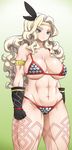  abs amazon_(dragon's_crown) armor bikini_armor black_gloves blonde_hair breasts circlet dragon's_crown feathers gloves green_background green_eyes large_breasts long_hair muscle muscular_female onomeshin solo tattoo thick_thighs thighs 