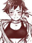  2equal8 blush breasts choker cleavage compensated_molestation dougi looking_away makoto_(street_fighter) medium_breasts money money_slap monochrome open_clothes pov ribbon_choker see-through short_hair solo_focus sports_bra street_fighter sweatdrop undressing 