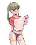  1girl blonde_hair blush breasts buruma cameltoe colorized commentary donburikazoku flat_chest green_eyes gym_uniform long_hair maka_albarn navel nipples open_mouth see-through shirt small_breasts solo soul_eater sweat t-shirt thighhighs twintails wet wet_clothes wet_shirt 