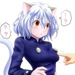  ? animal_ears blush breast_poke breasts cat_ears cat_tail commentary_request curly_hair double-breasted fine_fabric_emphasis hunter_x_hunter long_hair medium_breasts neferpitou orange_eyes poking silver_hair sweatdrop tail unmoving_pattern watarui 