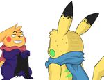  black_nose blonde_hair duo ears_back eroborus fur green_nose hair male nintendo open_mouth pikachu plain_background pok&eacute;mon rubber_suit scarf smile standing sweat teeth tight_clothing video_games white_background yellow_fur 