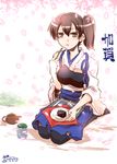  :t brown_eyes brown_hair character_name cup eating japanese_clothes kaga_(kantai_collection) kantai_collection muneate seiza side_ponytail sitting solo takana_shinno tasuki teapot yunomi 