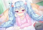 aimaina alarm_clock bed blanket blue_hair blush chin_rest clock hatsune_miku long_hair lying noda_shuha on_stomach pink_eyes slow_motion_(vocaloid) solo twintails vocaloid 