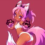  animal_ears ass bad_id bad_pixiv_id bare_shoulders bra dark_skin eyebrows fang mizuki_kotora open_mouth original panties paws pink_hair ponytail red_background simple_background solo sports_bra tail thick_eyebrows twisted_torso underwear underwear_only white_bra white_panties wolf_ears wolf_tail 