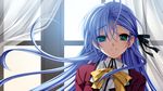  blue_eyes blue_hair blush game_cg hair_ribbon kashimashi_communication kuroki_madoka long_hair looking_at_viewer ribbon senomoto_hisashi smile solo window 