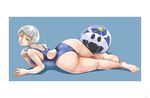  ass ball beachball blue_background border elizabeth_(persona) highres huge_ass jack_frost legs looking_at_viewer lying one-piece_swimsuit persona persona_3 samidare_satsuki short_hair silver_hair solo swimsuit wide_hips yellow_eyes 