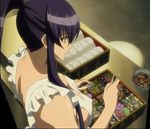  1girl apron back blue_eyes breasts busujima_saeko cooking food highres highschool_of_the_dead large_breasts long_hair naked_apron no_bra ponytail purple_hair screencap sideboob solo standing stitched 