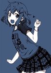  :d alternate_costume blue bracelet casual clothes_writing contemporary fang hair_ornament hairclip heart ikazuchi_(kantai_collection) jewelry kantai_collection kouji_(campus_life) looking_at_viewer monochrome open_mouth plaid plaid_skirt raglan_sleeves short_hair simple_background skirt smile solo 