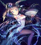  animal_ears black_hair blue_eyes china_dress chinese_clothes cleavage_cutout dress fan fingerless_gloves folding_fan gauntlets gloves hair_ornament horns karin_(p&amp;d) long_hair puzzle_&amp;_dragons shadowsinking smile solo spiked_knuckles water 