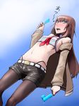  bare_shoulders black_panties brown_hair food g-string highleg highleg_panties highres hip_bones jacket long_hair makise_kurisu misonou_hirokichi necktie open_mouth panties pantyhose popsicle red_neckwear shorts solo steins;gate sweat thong underwear 