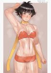  bandages bare_shoulders black_hair blush bra breasts brown_eyes choker makoto_(street_fighter) medium_breasts navel ribbon_choker short_hair shorts solo strapless strapless_bra street_fighter street_fighter_iii_(series) sweat tomboy underwear zenkou 