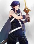  belt blue_eyes blue_hair cape fire_emblem fire_emblem:_kakusei gloves highres krom male_focus smile solo sword tusia weapon 