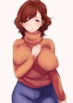  blush breasts brown_hair covered_nipples denim earrings female_protagonist_(persona_3) impossible_clothes impossible_sweater jeans jewelry large_breasts mature naso4 older pants parted_lips persona persona_3 persona_3_portable ponytail red_eyes ribbed_sweater solo sweater turtleneck 