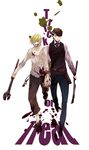  anbiento baccano! blonde_hair blood blue_eyes brown_hair cleaver gloves graham_spector hair_over_one_eye highres holding_hands key multiple_boys shaft_(baccano) short_hair trick_or_treat wrench 