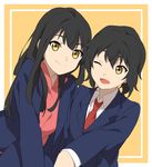  1girl black_hair brother_and_sister jacket kurebayashi_kazuki kurebayashi_yuzuki long_hair long_sleeves necktie one_eye_closed open_clothes open_jacket open_mouth school_uniform sekina selector_wixoss short_hair siblings smile twins wixoss yellow_eyes 