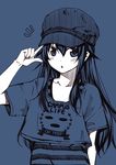  akatsuki_(kantai_collection) alternate_costume blue blush cabbie_hat casual chestnut_mouth clothes_writing contemporary english hand_on_headwear hat kantai_collection kouji_(campus_life) long_hair looking_at_viewer monochrome open_mouth overshirt shirt simple_background solo striped striped_shirt 