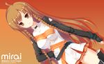  ahoge artist_name braid brown_eyes brown_hair character_name choker culture_japan hand_on_hip highres huge_filesize long_hair mirai_millennium orange_background shirahane_nao solo suenaga_mirai thighhighs twin_braids wallpaper 