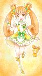  boots bow brown_hair choker creature cure_rosetta curly_hair dokidoki!_precure double_bun earrings flower full_body green_choker hair_flower hair_ornament hair_ribbon jewelry knee_boots long_hair magical_girl orange_background precure rance_(dokidoki!_precure) ratryu ribbon skirt smile twintails wrist_cuffs yellow_eyes yotsuba_alice 