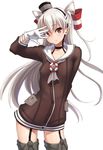  amatsukaze_(kantai_collection) arm_up aya_shachou blush breasts brown_eyes dress garter_straps highres kantai_collection long_hair looking_at_viewer sailor_dress see-through short_dress silver_hair small_breasts solo thighhighs two_side_up zettai_ryouiki 