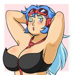  1girl armpits arms_behind_head blue_eyes blue_hair breasts character_request cleavage female goriate greta_karas large_breasts long_hair lowres mole mole_under_eye no_pupils one_eye_closed outside_border plump sentou_mecha_xabungle solo 