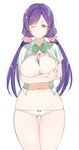  bad_id bad_pixiv_id banned_artist between_breasts bow bow_panties breast_hold breasts covering_nipples dress_shirt green_eyes large_breasts long_hair looking_at_viewer love_live! love_live!_school_idol_project navel no_pants one_eye_closed open_clothes open_shirt otonokizaka_school_uniform panties purple_hair school_uniform shirt simple_background skindentation smile solo thigh_gap thighs toujou_nozomi twintails underwear white_panties yuzuha 