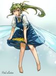  barefoot blue_dress blue_eyes daiyousei dress fairy_wings green_hair hair_ribbon highres long_hair looking_at_viewer open_mouth petals pointy_ears puffy_short_sleeves puffy_sleeves ribbon sachito short_sleeves side_ponytail skirt_basket solo touhou wings 