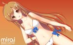  ahoge artist_name bikini braid breasts brown_eyes brown_hair character_name cleavage culture_japan hand_on_hip highres long_hair medium_breasts navel open_mouth orange_background shirahane_nao smile solo suenaga_mirai swimsuit twin_braids wallpaper white_bikini 