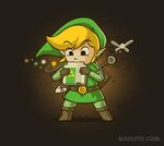  blonde_hair commentary fairy game_cartridge game_console gloves link male_focus nacho_diaz nes over_shoulder pointy_ears shield solo sword sword_over_shoulder the_legend_of_zelda toon_link triforce tunic weapon weapon_over_shoulder 