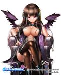  aile_(crossroads) artist_name black_gloves black_hair black_legwear black_wings blush breasts chair cleavage crossed_legs feathered_wings gloves hair_ornament large_breasts long_hair official_art open_mouth purple_eyes simple_background sitting soccer_spirits solo thighhighs torn_clothes torn_legwear watermark white_background wings zadkiel_(soccer_spirits) 