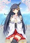  black_hair breasts cherry_blossoms detached_sleeves flower fusou_(kantai_collection) hair_ornament japanese_clothes kantai_collection large_breasts long_hair nontraditional_miko rayn red_eyes solo 