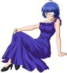  blue_dress blue_hair blush breasts dress eyepatch green_eyes ikkitousen large_breasts looking_at_viewer mole official_art ryomou_shimei short_hair simple_background sitting smile white_background 