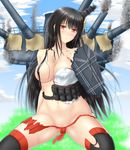  areola_slip areolae black_hair blush breasts cameltoe detached_sleeves fusou_(kantai_collection) groin hair_ornament hair_over_breasts japanese_clothes kantai_collection large_breasts long_hair red_eyes solo taira_shihito torn_clothes 