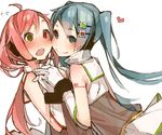  :o ahoge aqua_eyes aqua_hair bare_shoulders blush elbow_gloves gloves green_eyes hair_ornament hatsune_miku heart heterochromia interlocked_fingers long_hair low_ponytail mmlu_(honwa_karesu) multiple_girls number open_mouth pink_hair red_eyes sailor_collar sf-a2_miki simple_background smile twintails vocaloid white_background white_gloves yuri 