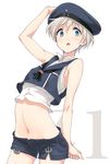  :o adapted_costume alternate_costume anchor arm_up aya_shachou blue_eyes blush clothes_writing crop_top crop_top_overhang flat_chest hand_on_headwear hat highres kantai_collection looking_at_viewer midriff navel open_mouth sailor_hat short_hair short_shorts shorts silver_hair solo stomach z1_leberecht_maass_(kantai_collection) 