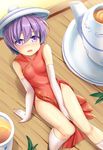  alternate_headwear blush china_dress chinese_clothes cup dress elbow_gloves gloves kneehighs minigirl niiya object_on_head open_mouth purple_eyes purple_hair short_hair solo sukuna_shinmyoumaru tea teacup teapot touhou white_gloves white_legwear 