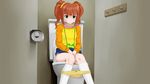  1girl brown_hair green_eyes hair_bobbles hair_ornament idolmaster panties panty_pull peeing sitting takatsuki_yayoi toilet toilet_use tsupan twintails underwear 