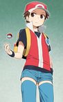  1boy agemono baseball_cap blue_legwear blush brown_eyes brown_hair denim denim_shorts hat male male_focus nintendo poke_ball pokeball pokemon pokemon_(game) pokemon_frlg red_(pokemon) red_(pokemon)_(remake) short_shorts shorts solo standing thighhighs wristband zettai_ryouiki 