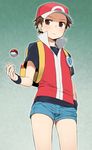  adapted_costume agemono bad_id bad_pixiv_id baseball_cap brown_eyes brown_hair green_background hat jacket male_focus poke_ball poke_ball_(generic) pokemon pokemon_(game) pokemon_frlg red_(pokemon) red_(pokemon_frlg) short_shorts shorts simple_background solo throwing_poke_ball tossing vs_seeker 